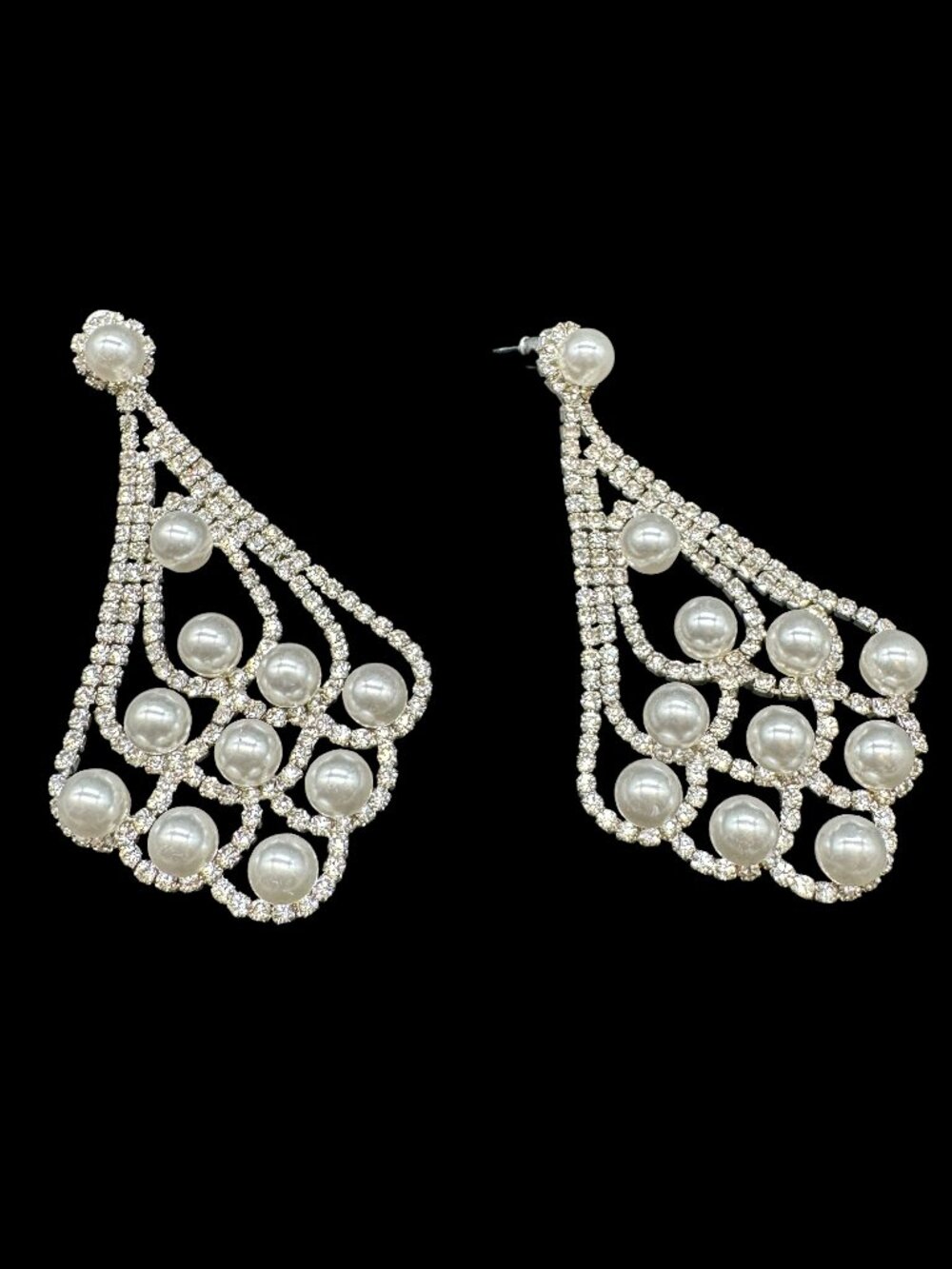 Large Statement Dangling Pierced Earrings White Pearls and clear Stones